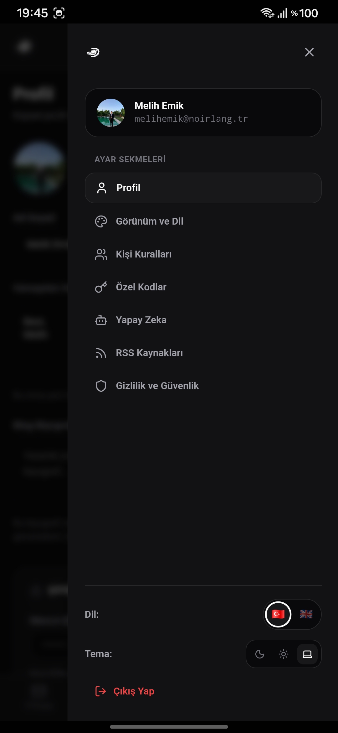 Mobil — Ayarlar Hamburger Menü